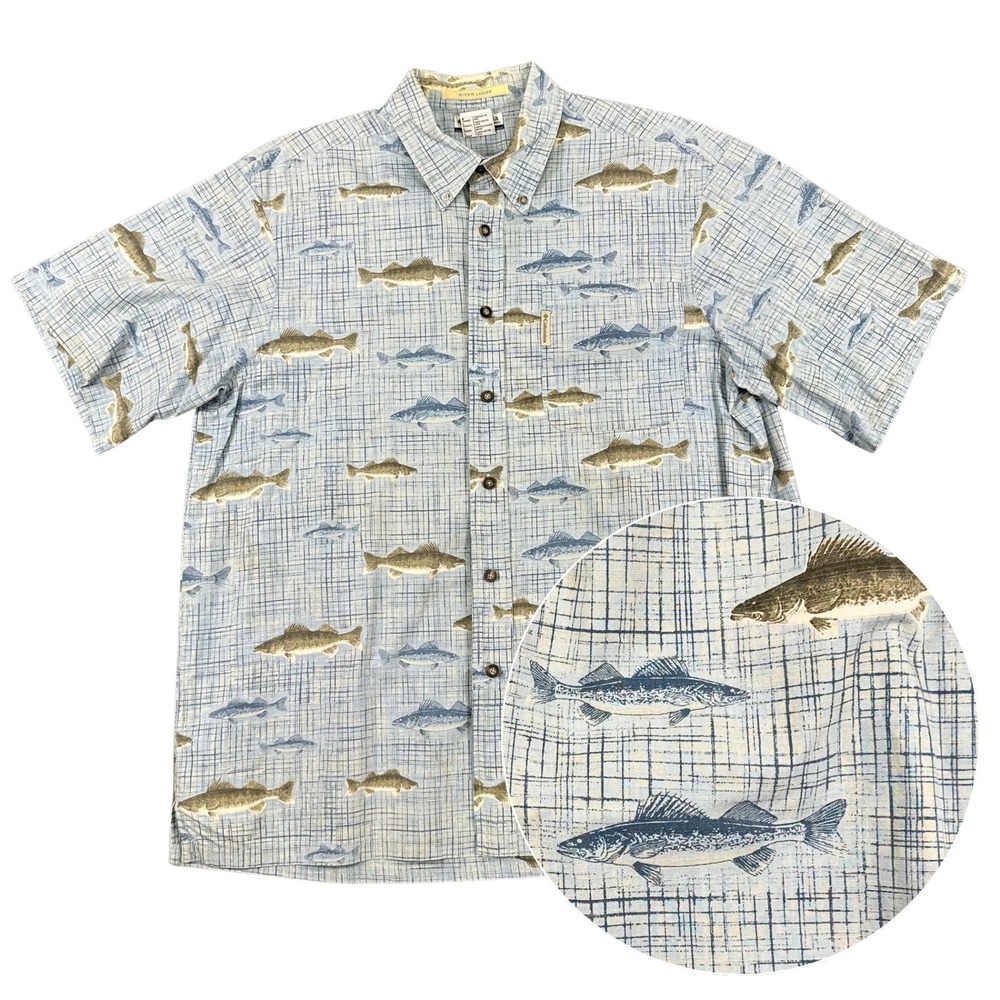 Vintage 2000s Columbia River Lodge Shirt Mens L Fish Print Button Up Fishing
